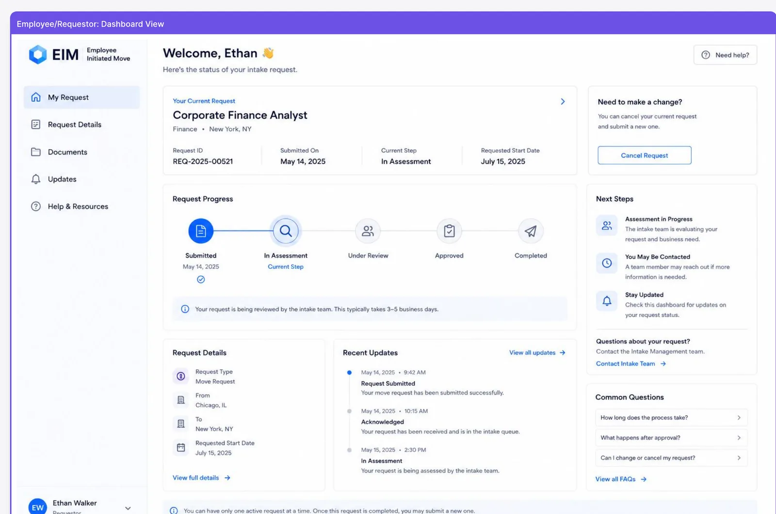 Employee view of a mobility request with progress and next steps